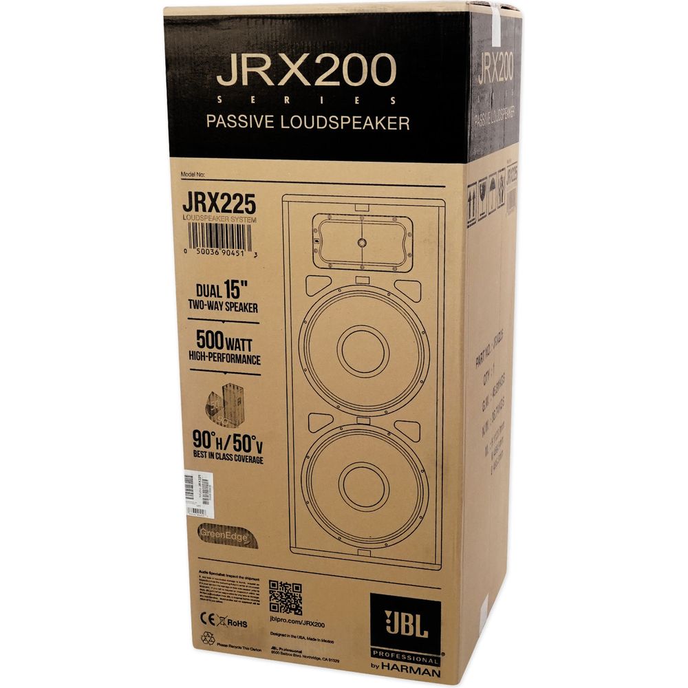 (2) JBL Pro JRX225 2000 Watt Dual 15" DJ PA Speakers+Power Amplifier+Cables