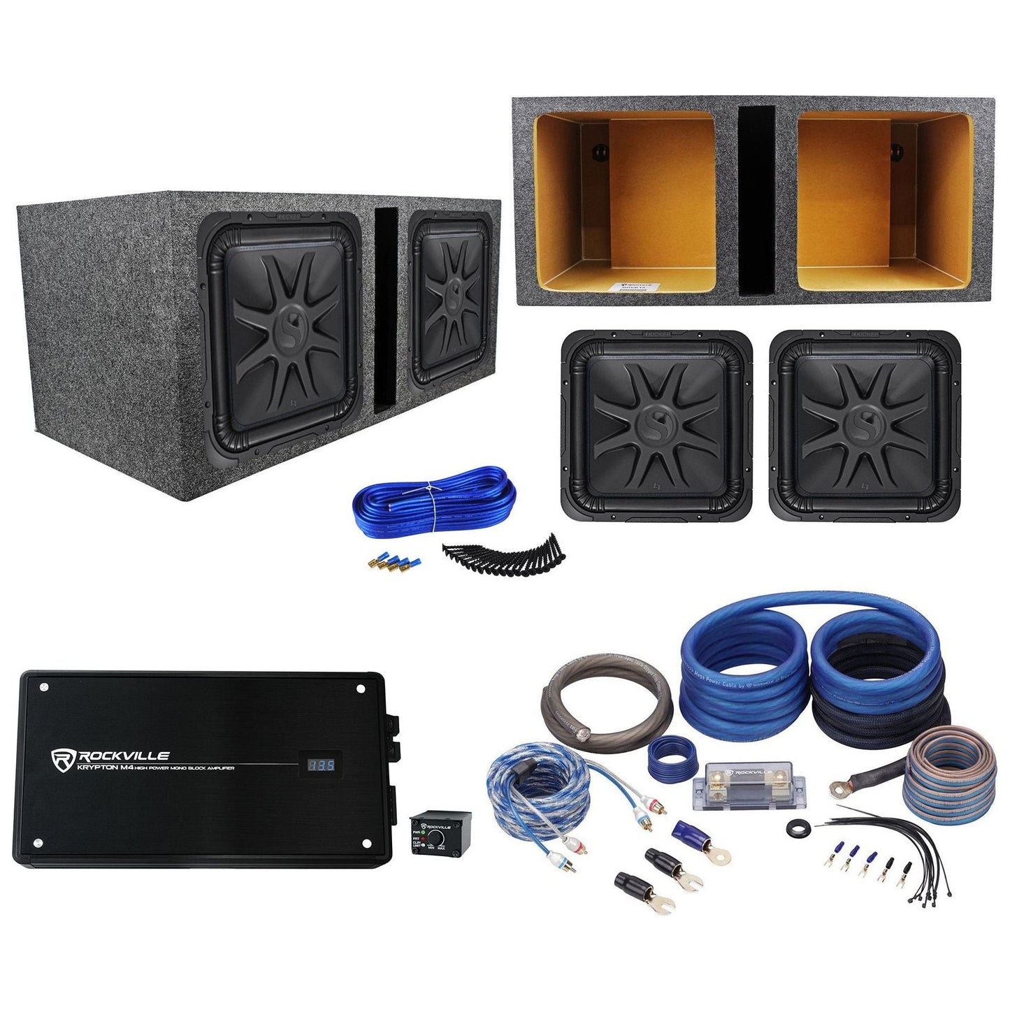 (2) Kicker 44L7S15-4 15" 4000 Watt Solobaric L7S Subwoofers+Amp+Sub Box+Wire Kit