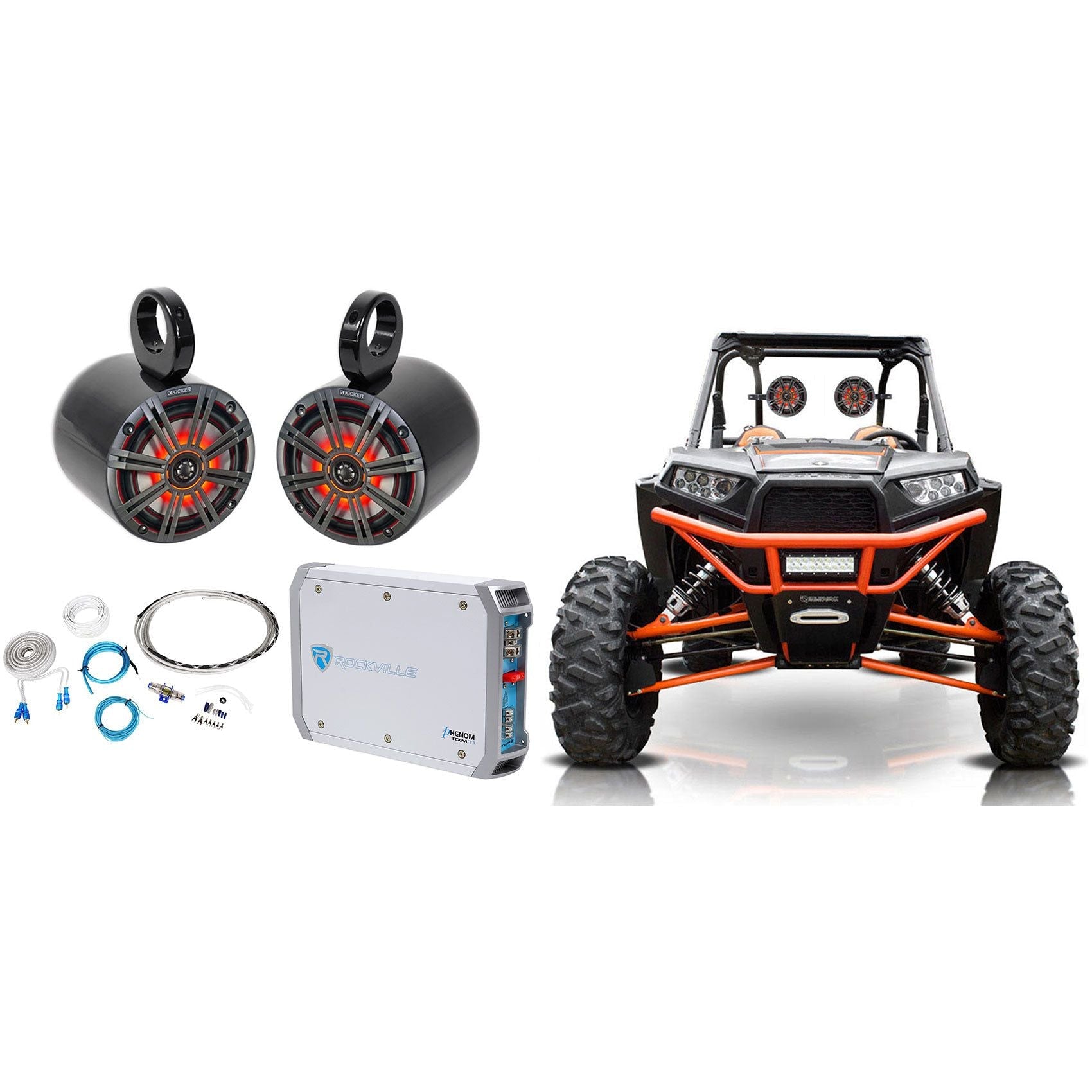 (2) KICKER 45KM654L 6.5" 390w LED Tower Speakers+2-Ch Amplifier For RZR/ATV/UTV