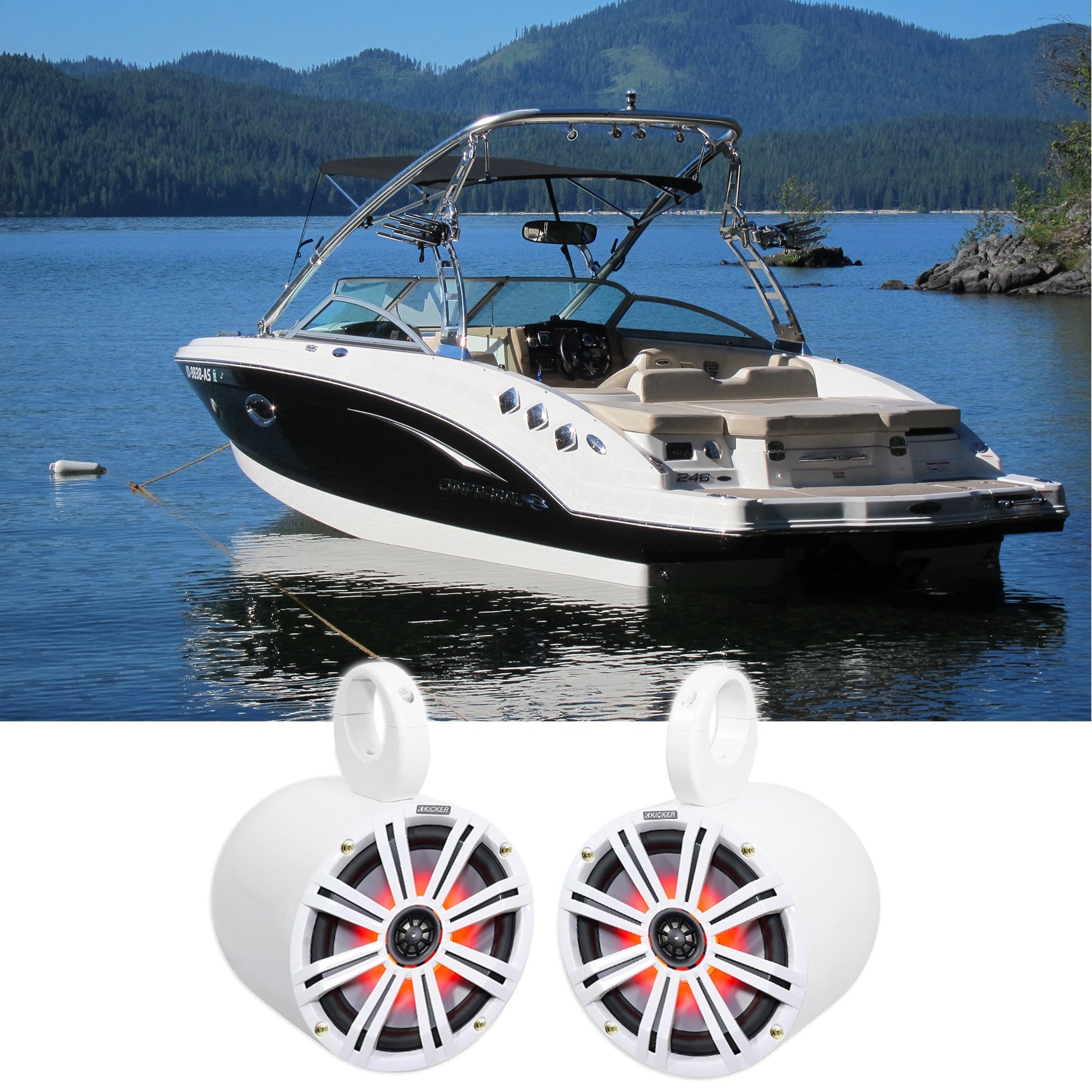 (2) KICKER 45KM84L 8" 600 Watt Marine Boat Wakeboard Tower Speakers w/LED's KM8