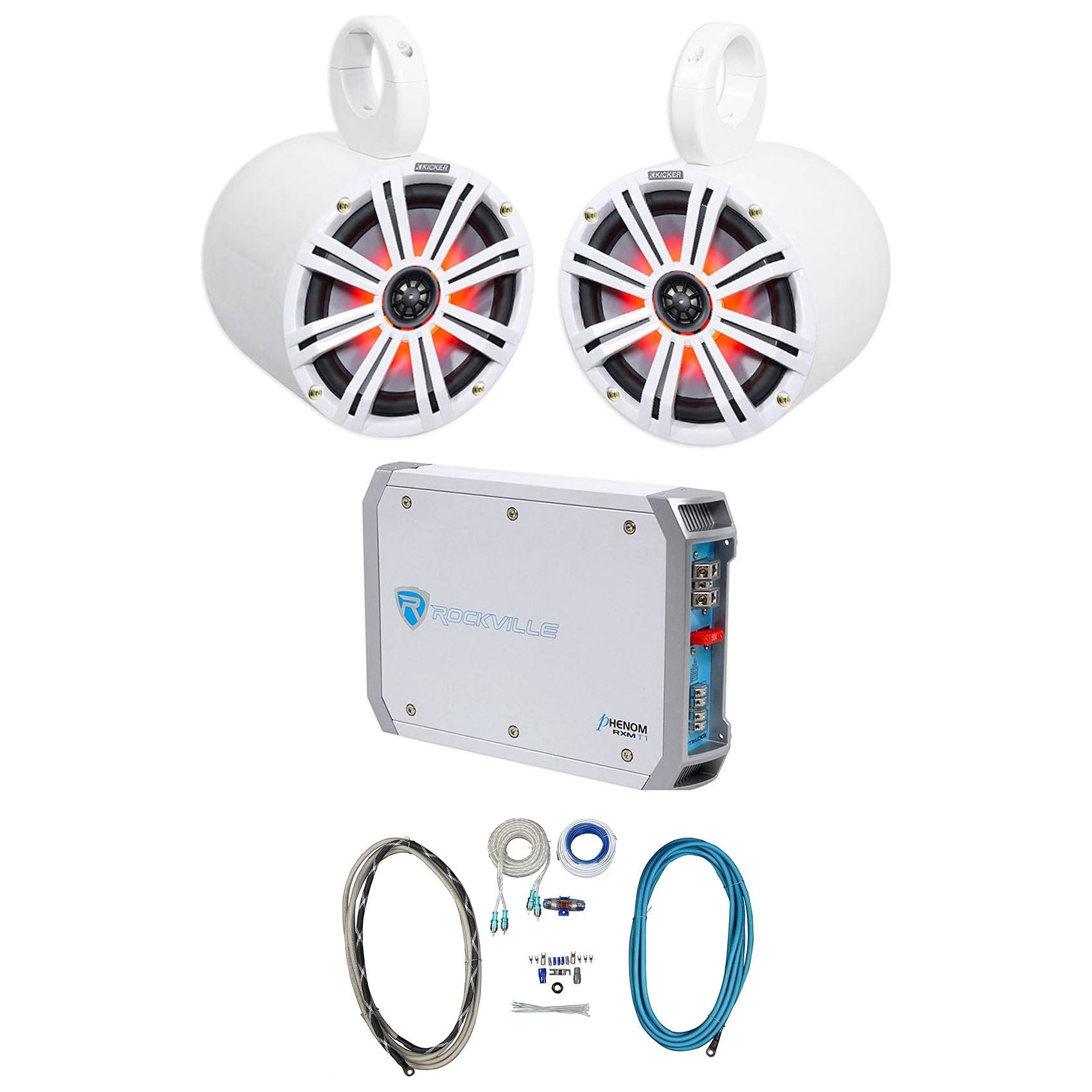 (2) KICKER 45KM84L 8" 600 Watt Marine LED Wakeboard Speakers+Amplifier+Amp Kit