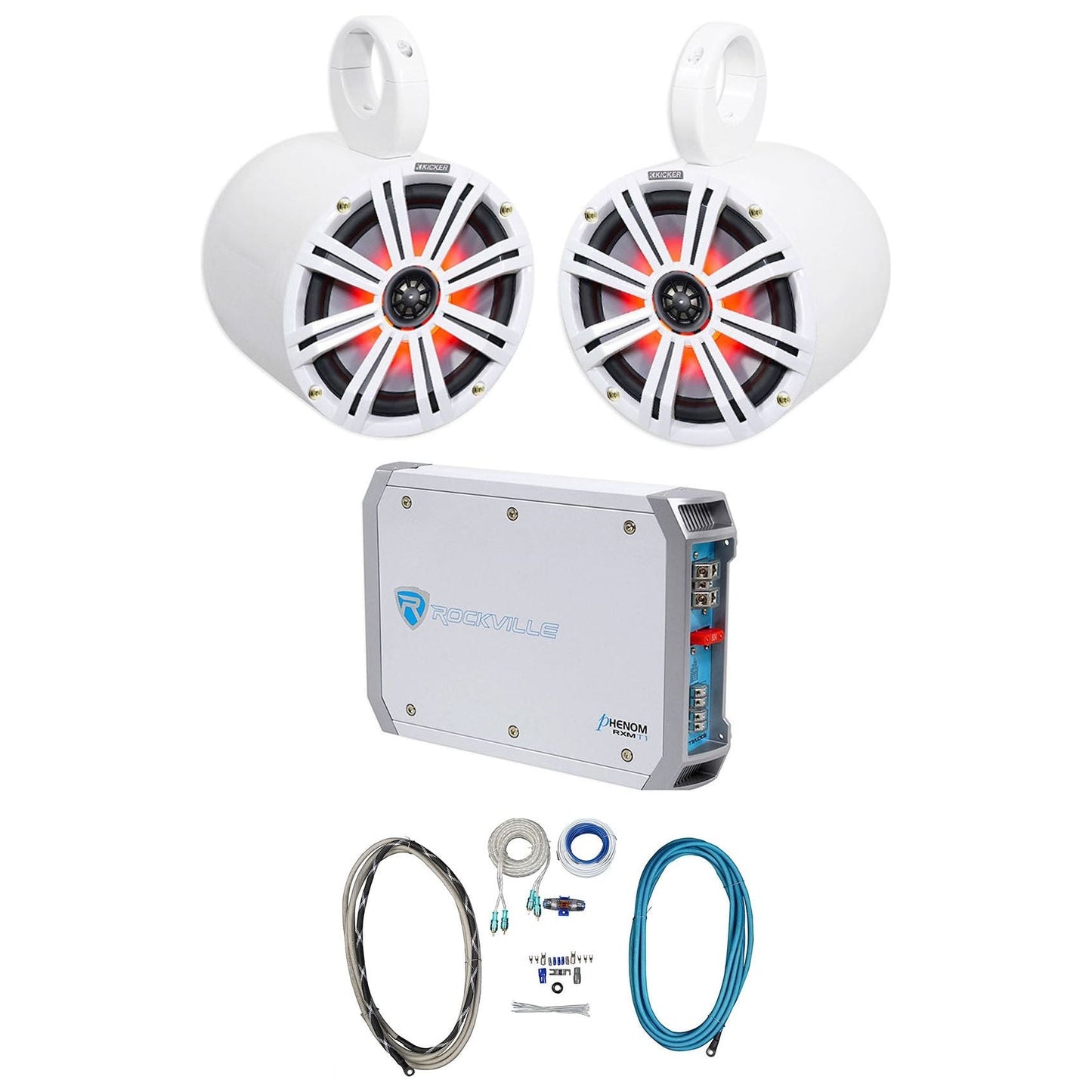 (2) KICKER 45KM84L 8" 600 Watt Marine LED Wakeboard Speakers+Amplifier+Amp Kit