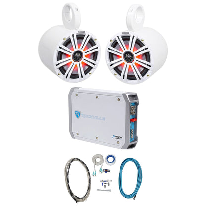 (2) KICKER 45KM84L 8" 600 Watt Marine LED Wakeboard Speakers+Amplifier+Amp Kit