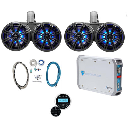 (2) KICKER 45KMTDC65 Dual 6.5" Marine Wakeboard Tower LED Speakers+Receiver+Amp