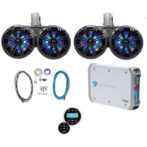 (2) KICKER 45KMTDC65 Dual 6.5" Marine Wakeboard Tower LED Speakers+Receiver+Amp