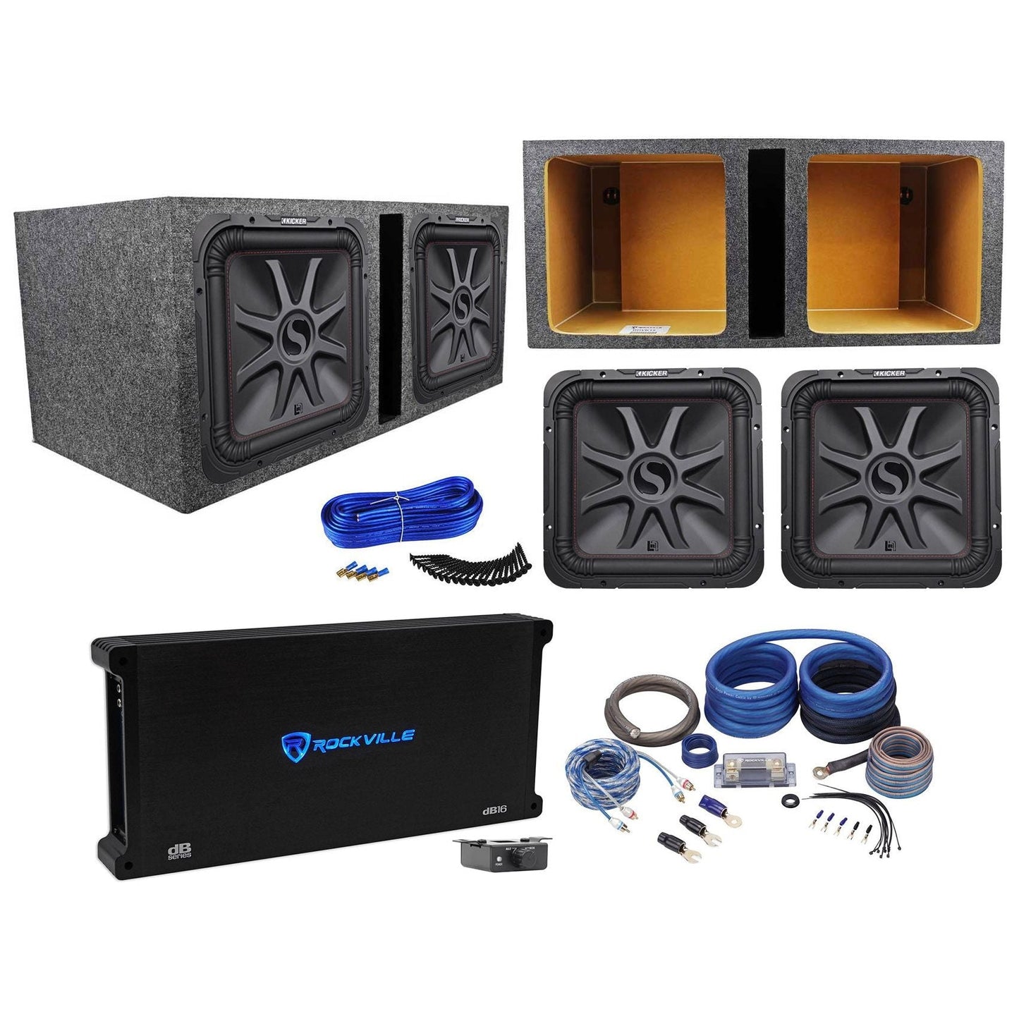 (2) KICKER 45L7R152 15" 3600w L7R Car Subwoofers+Vented Box+Amplifier+Amp Kit