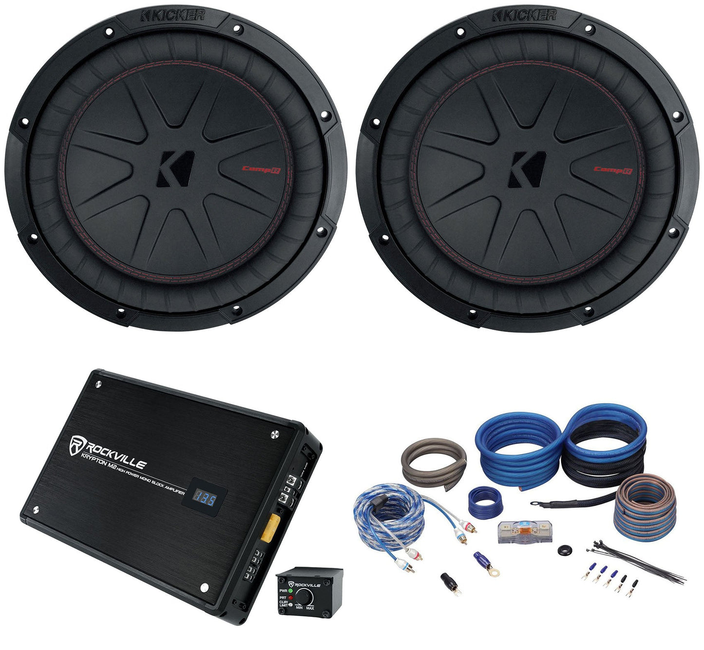 (2) Kicker 48CWR104 COMPR10 10" 1600 Watt Subwoofers+Mono Amplifier+Amp Kit