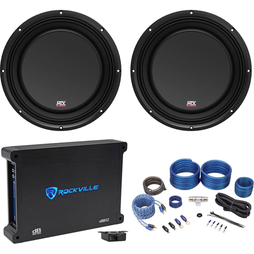 (2) MTX 3510-04S 10" 1200 Watt Shallow Slim Subwoofers Subs+Amplifier+Amp Kit