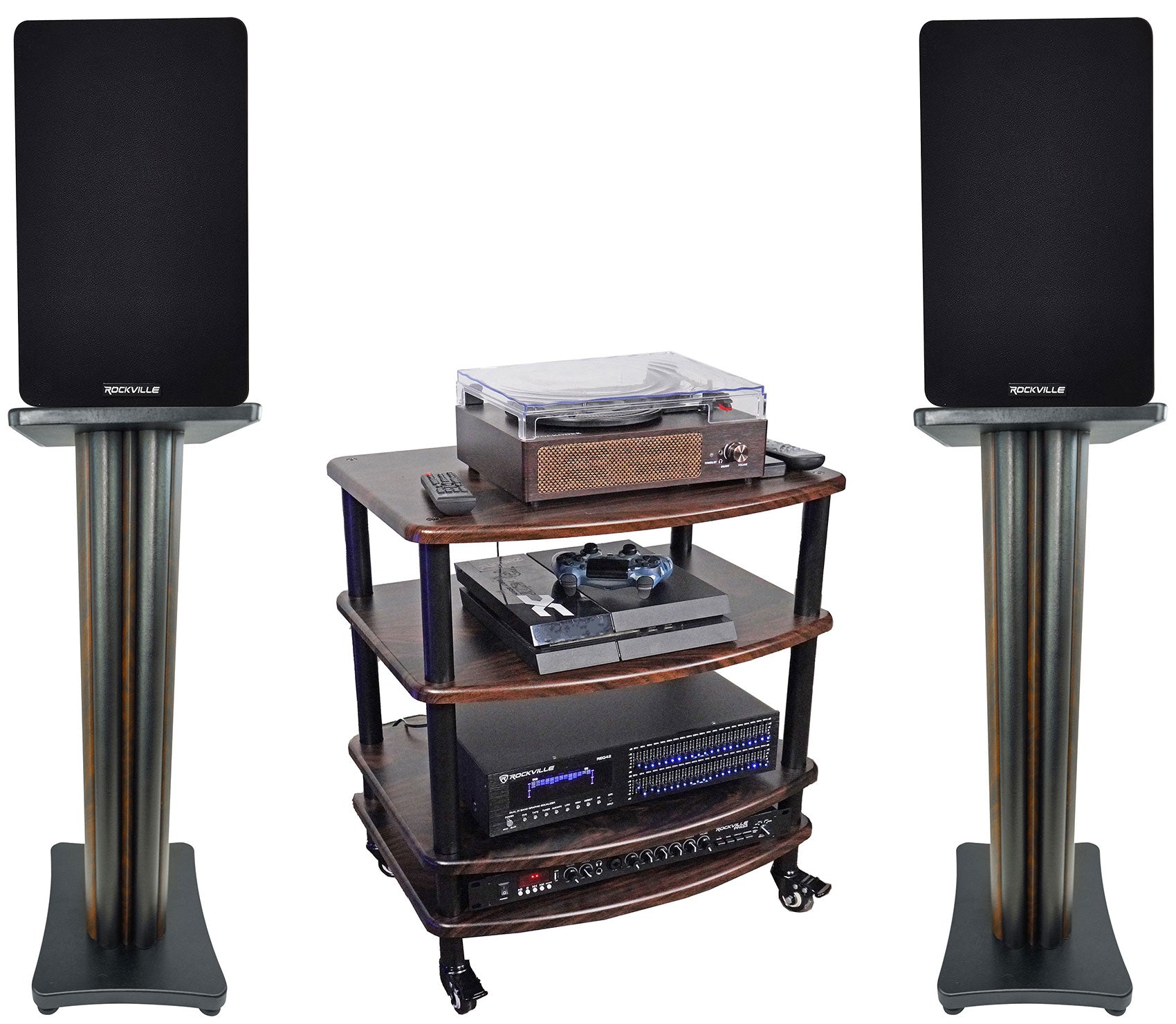 RockShelf 68D Dark Wood 2-Pack + SS28D Stands + FLX Dark Wood Bundle