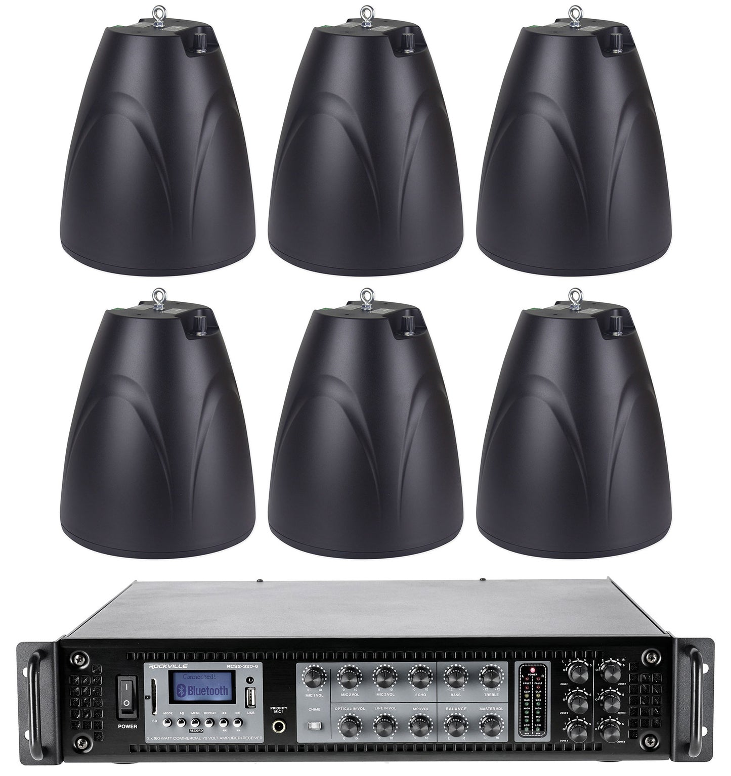 PEN-65T Black 6.5" Pendant Speakers 6-Pack + RCS2-320-6 Amplifier Bundle