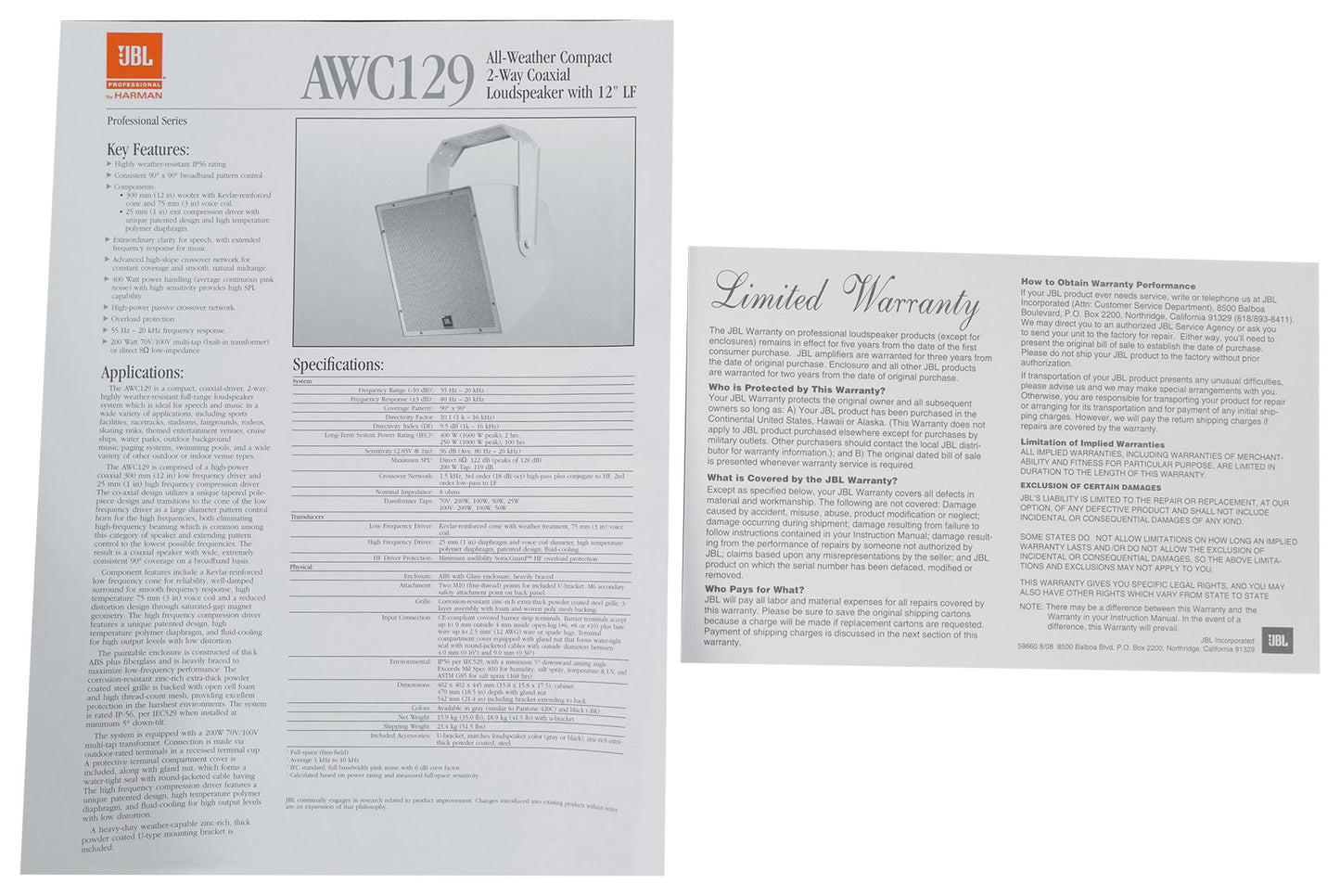 (4) JBL AWC129 12" 200w Indoor/Outdoor 70V Surface Mount Commercial Speakers+Amp