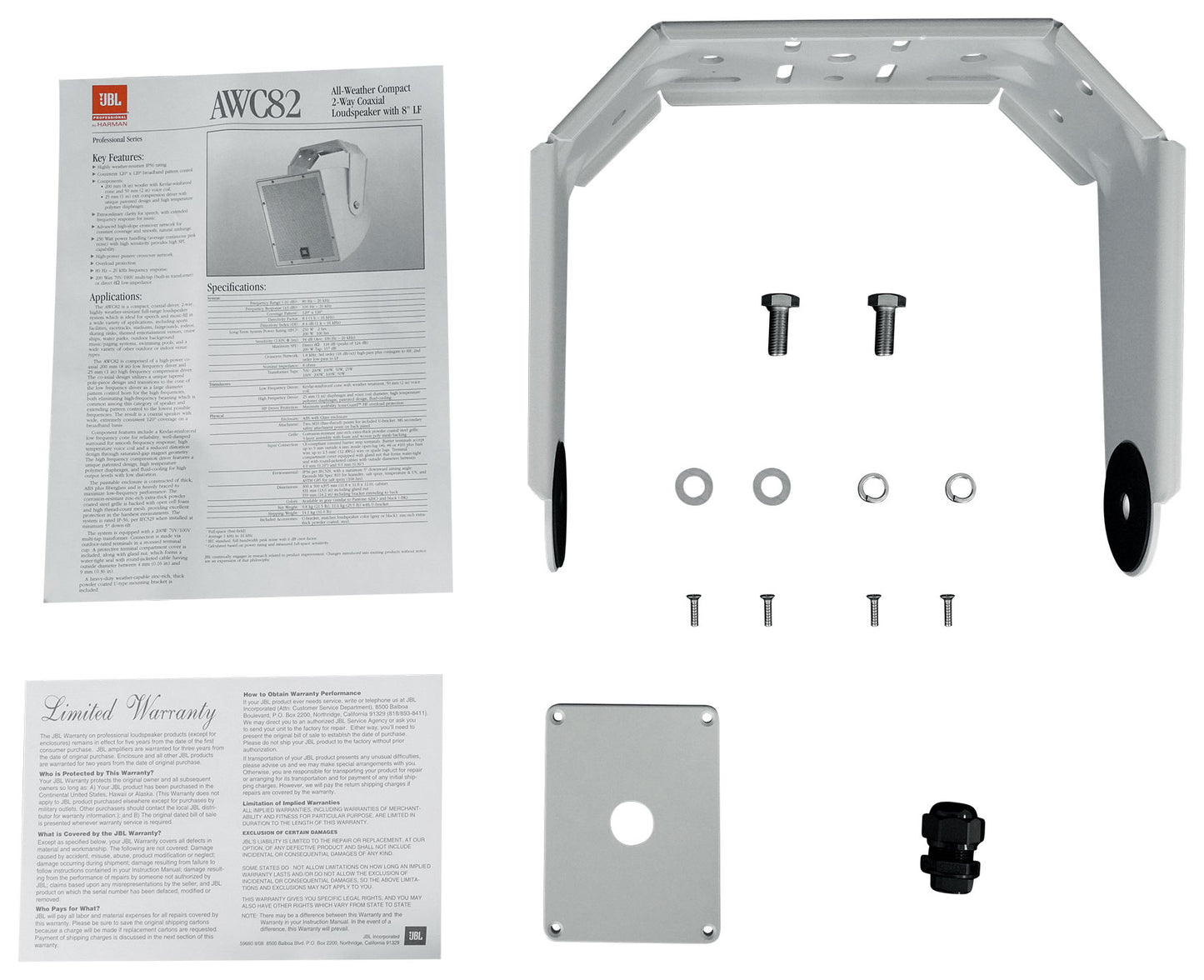 (4) JBL AWC82 8" 200w Indoor/Outdoor 70V Surface Mount Commercial Speakers+Amp