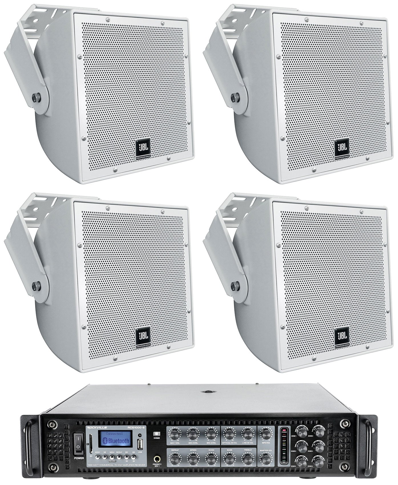 (4) JBL AWC82 8" 200w Indoor/Outdoor 70V Surface Mount Commercial Speakers+Amp