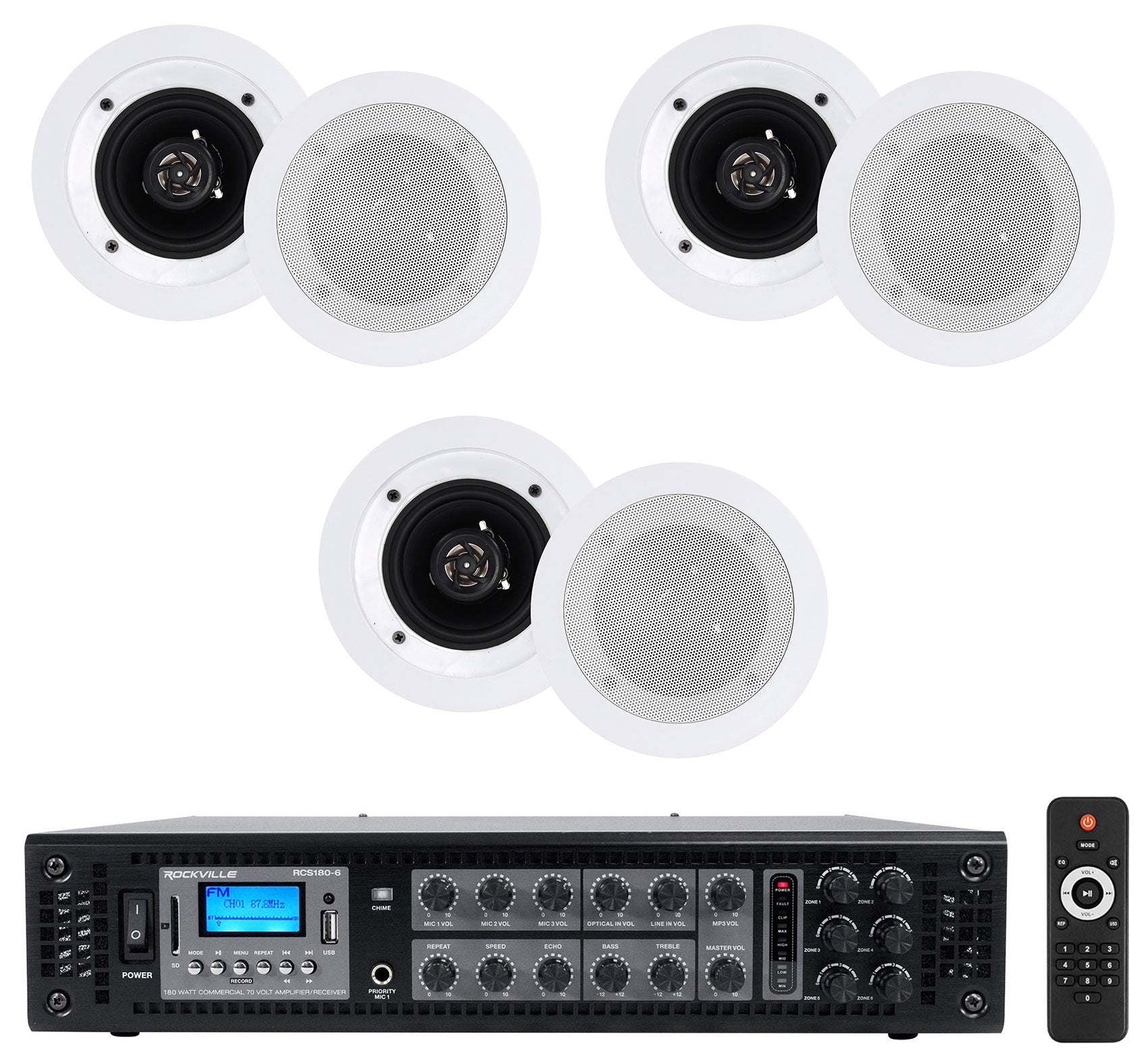RCS180-6 6-Zone Amplifier + CC4T White 6-Pack Bundle