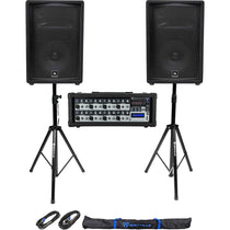 (2) JBL Pro JRX212 12" 2000w PA/DJ Speakers+Powered Mixer w/Bluetooth+Stands