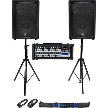 (2) JBL Pro JRX212 12" 2000w PA/DJ Speakers+Powered Mixer w/Bluetooth+Stands