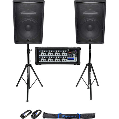 (2) JBL Pro JRX215 15" 2000w PA/DJ Speakers+Powered Mixer w/Bluetooth+Stands