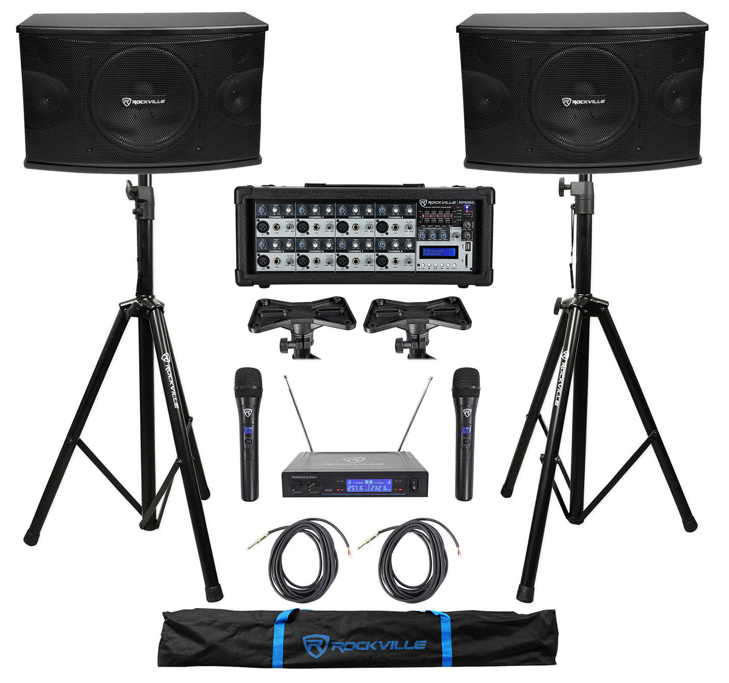 KPS10 10" Karaoke Speakers 2-Pack + RPM85 Mixer + Wireless Mics + Stands Bundle