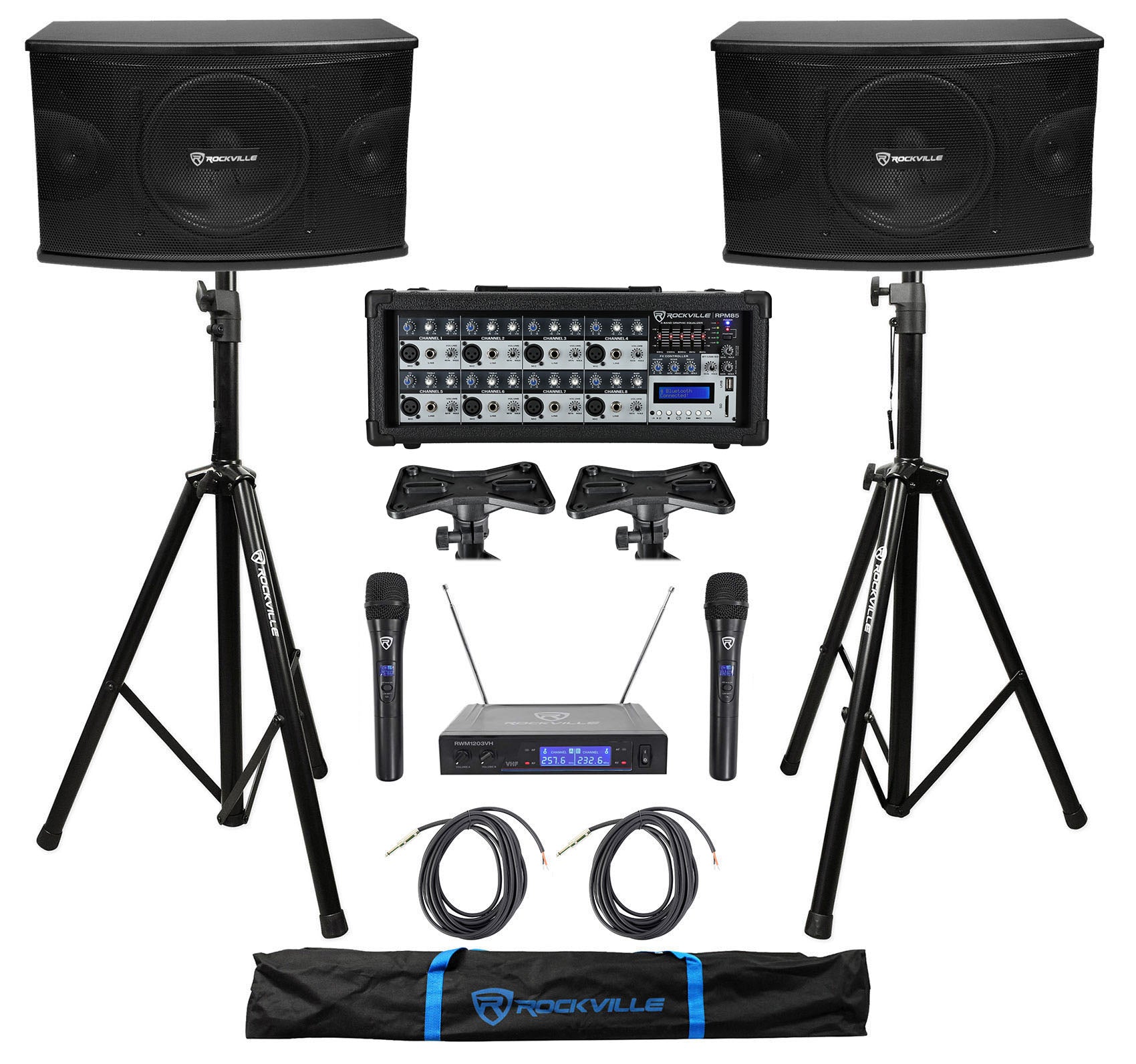 KPS10 10" Karaoke Speakers 2-Pack + RPM85 Mixer + Wireless Mics + Stands Bundle