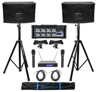 KPS10 10" Karaoke Speakers 2-Pack + RPM85 Mixer + Wireless Mics + Stands Bundle