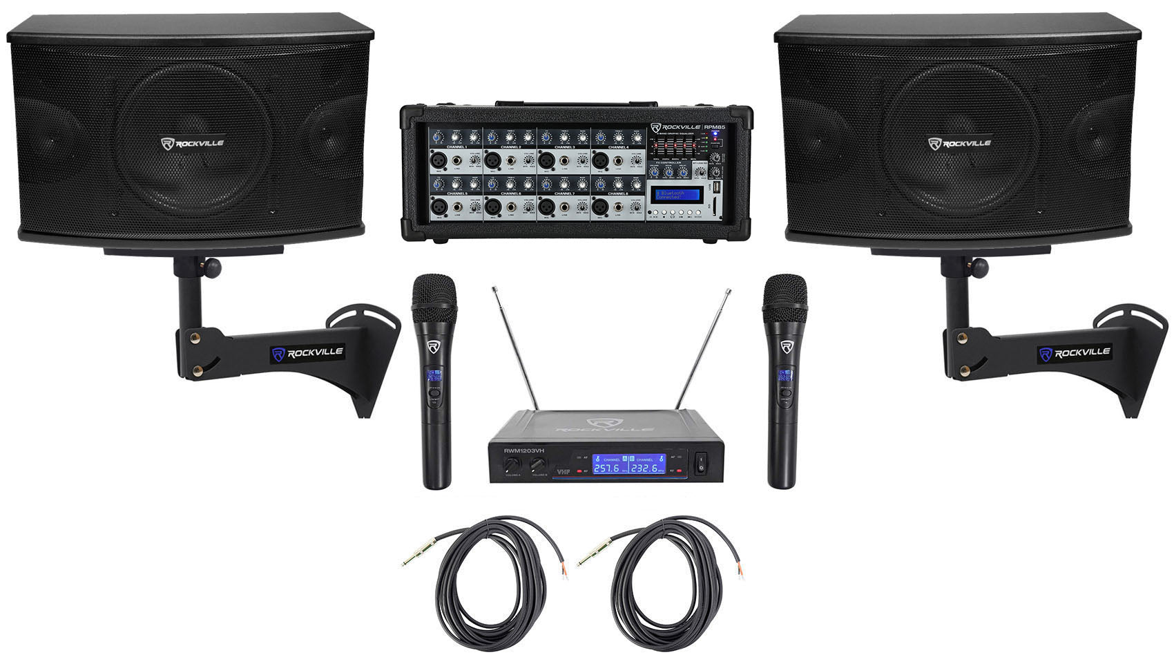 KPS10 10" Karaoke Speakers 2-Pack + RPM85 Powered Mixer + Wireless Mics Bundle