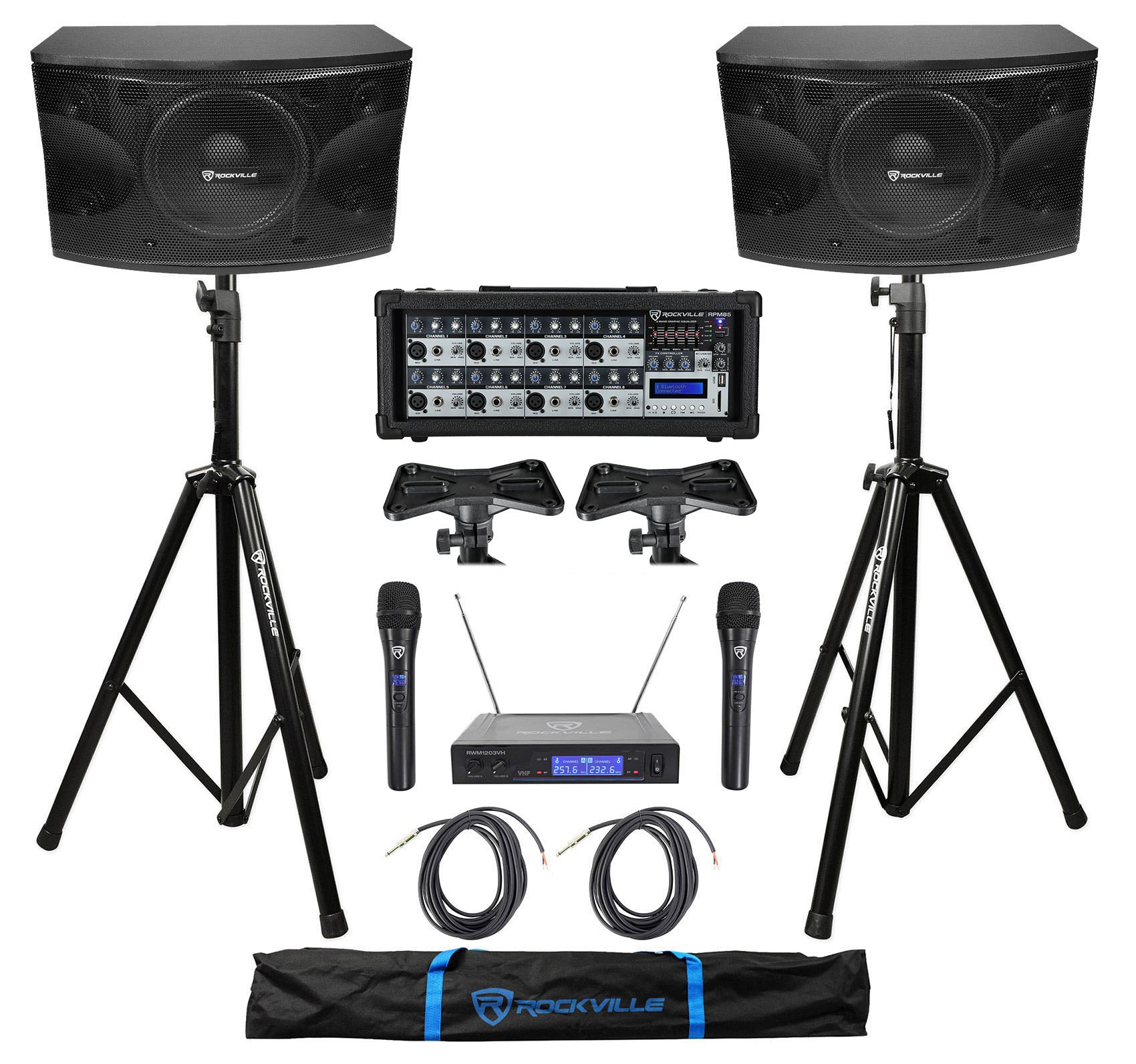 KPS12 12" Karaoke Speakers 2-Pack + RPM85 Mixer + Stands + Wireless Mics Bundle