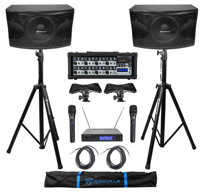 KPS12 12" Karaoke Speakers 2-Pack + RPM85 Mixer + Stands + Wireless Mics Bundle