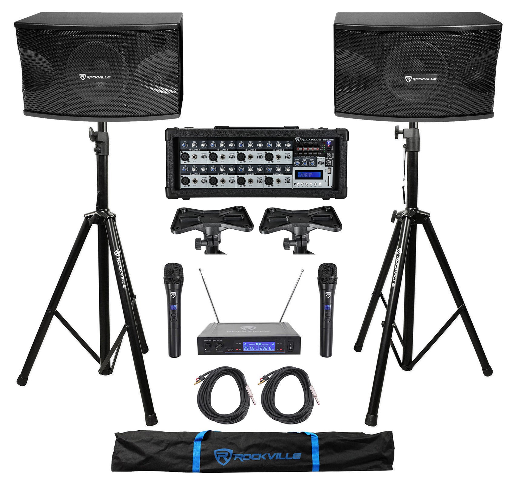 KPS80 8" Karaoke Speakers 2-Pack + Powered Mixer + Tripod Stands Bundle