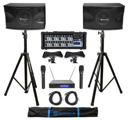 KPS80 8" Karaoke Speakers 2-Pack + Powered Mixer + Tripod Stands Bundle