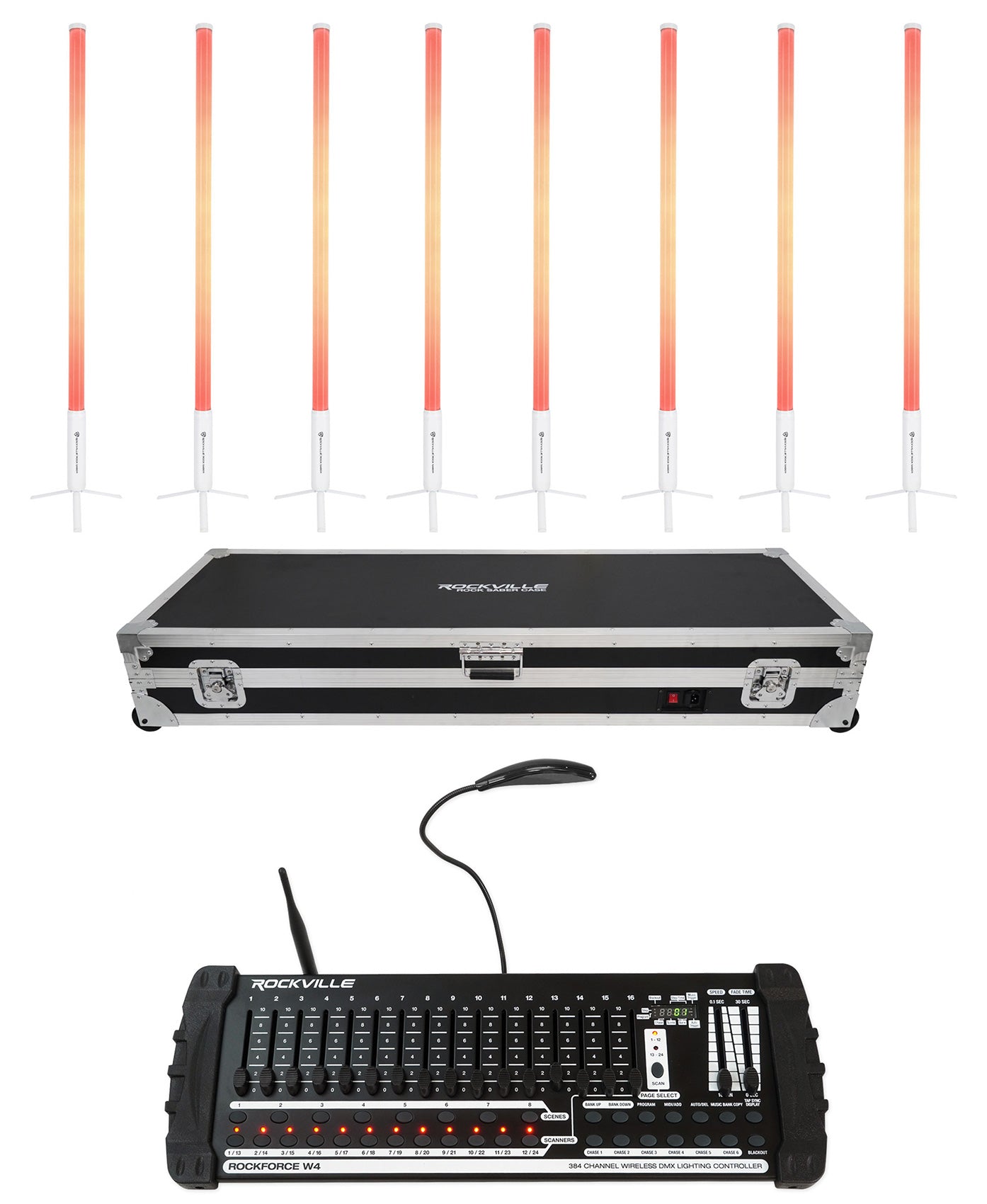 ROCK SABER White 8-Pack + ROCKFORCE W4 DMX Controller Bundle