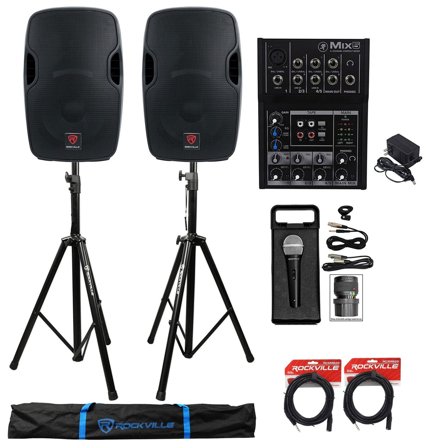 BPA12 12" Speakers 2-Pack + Mixer + Stands + Wired Mic Bundle