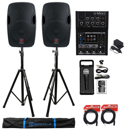 BPA12 12" Speakers 2-Pack + Mixer + Stands + Wired Mic Bundle