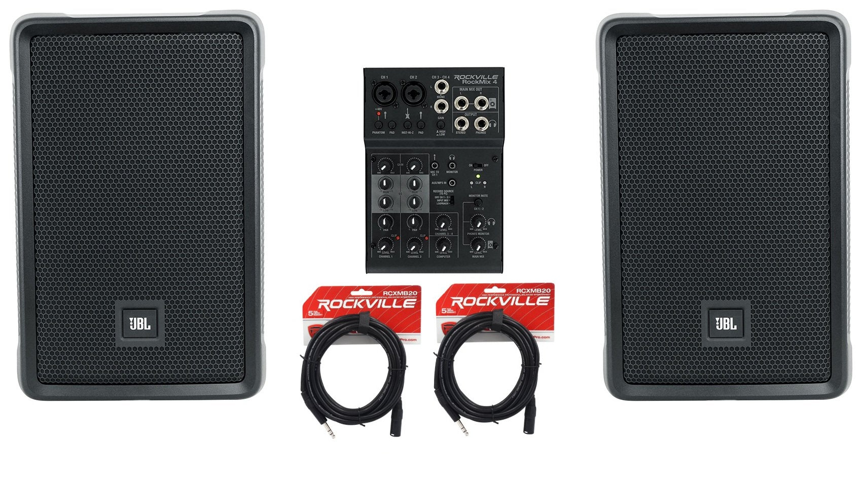 2) JBL IRX108BT 8" 1000w Powered DJ Portable PA Speakers w/ Bluetooth+Mixer w/EQ