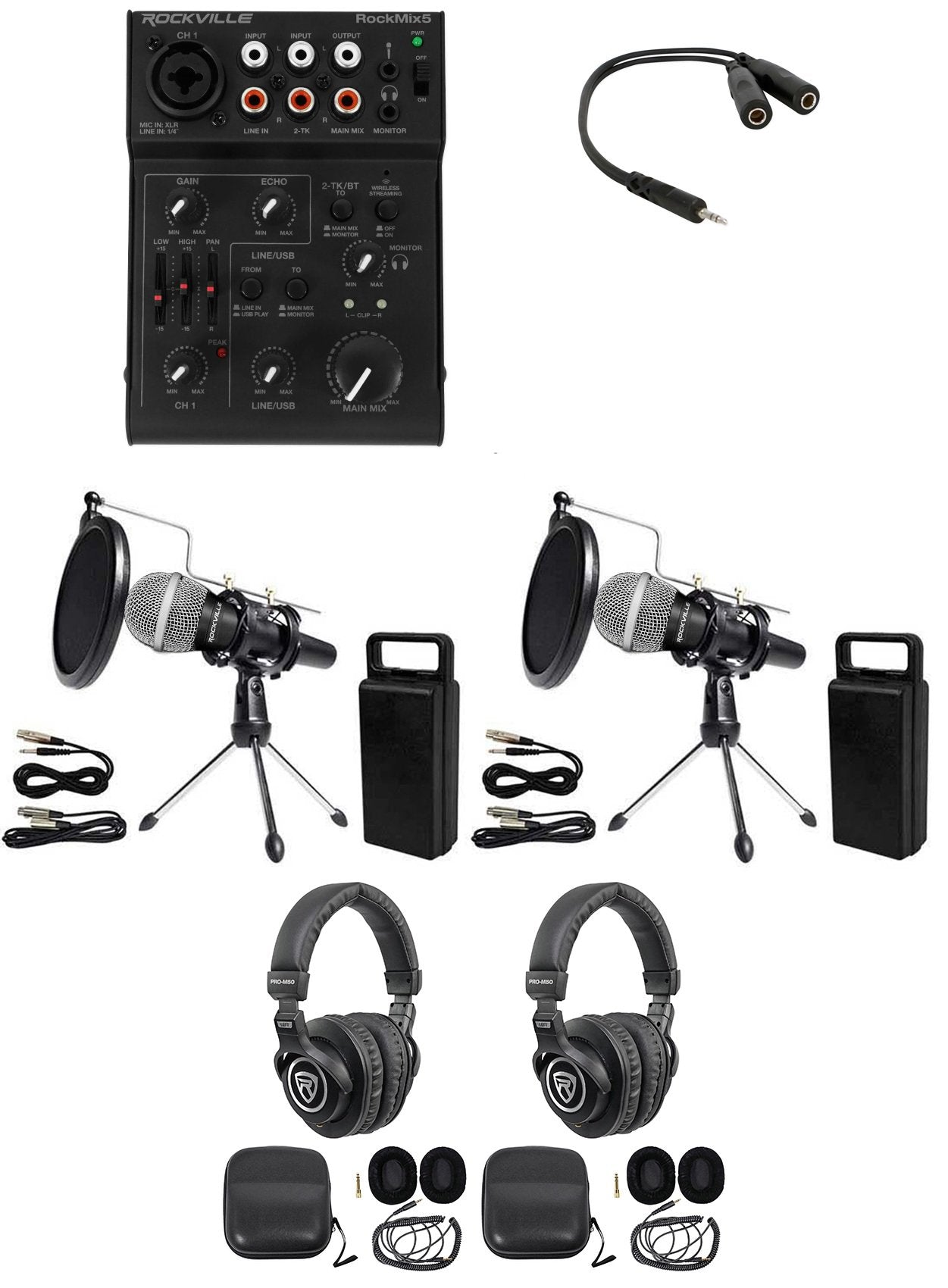 Two‑Person Podcast Kit + RockMix 5 Mixer Bundle