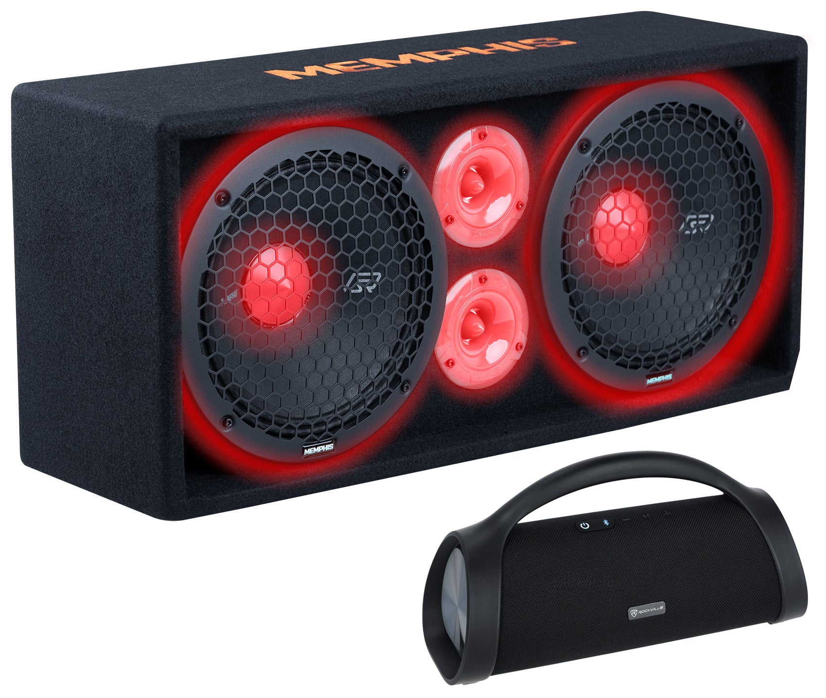 Memphis SRXPE10D4F Dual 10 inch Chuchero Car Enclosure Box w/ LED's and Bluetooth Speaker