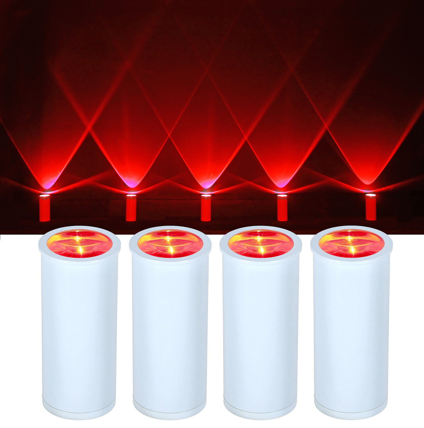 Four cylindrical red light projectors with a dark background
