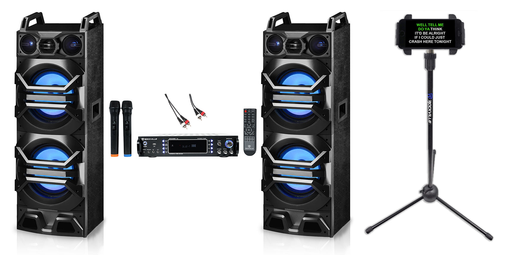 Rockville Bluetooth Karaoke Machine System+(2) Dual 10" LED Speakers+Wireless Mics