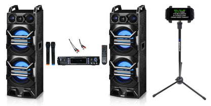 Rockville Bluetooth Karaoke Machine System+(2) Dual 10" LED Speakers+Wireless Mics