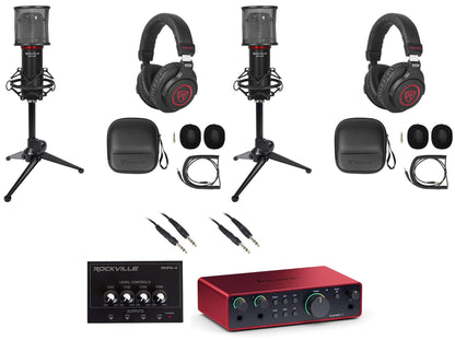 2-Person Podcast Podcasting Recording Kit w/Scarlett 2i2 4 Gen Interface+Stands