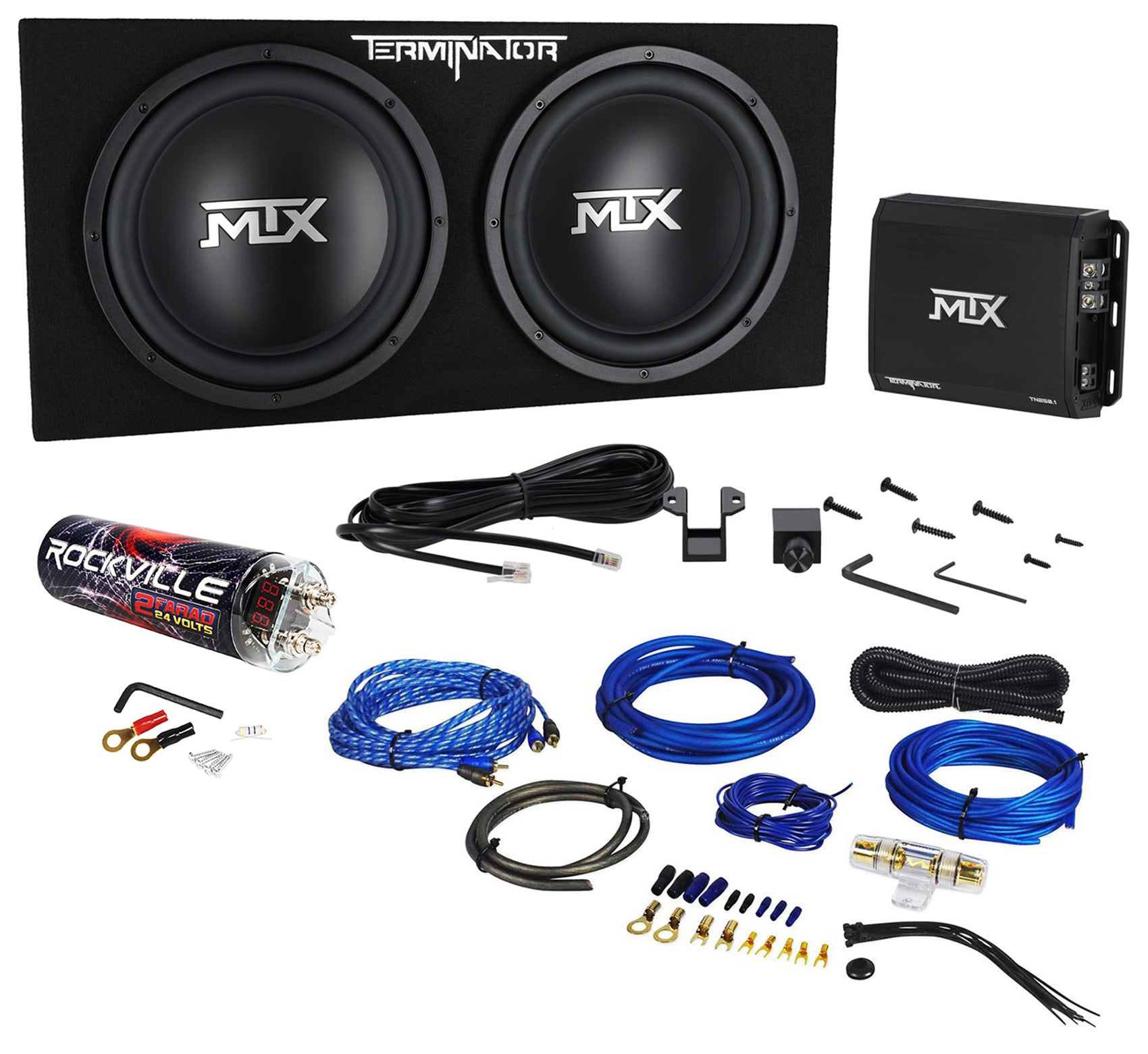 MTX Terminator Dual 12 Subwoofer System + Rockville RWK81 & RXC2D Bundle