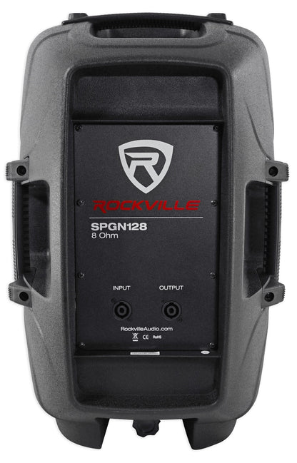 (2) Rockville SPGN128 12" 2400w DJ PA Speakers+Amp+(4) Mics+Stands+Cables+Bag