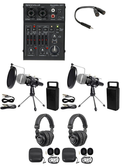 Rockville 2-Person Podcast Podcasting Recording Kit w/Mics+Stands+Headphones