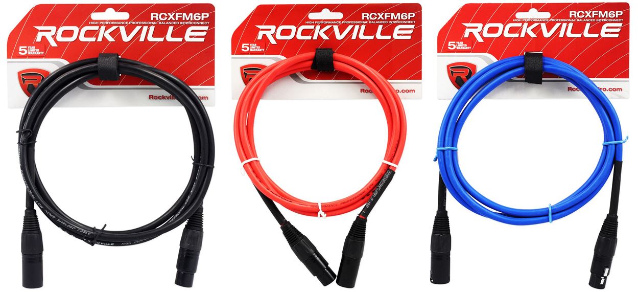 REAN XLR 6' Cables 3-Pack (Black/Blue/Red) Bundle