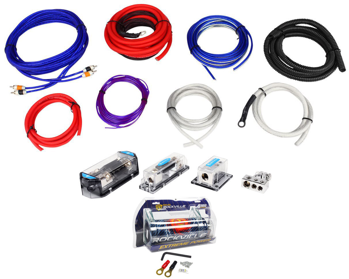 Dual Amp Install Kit + 4 Farad Power Capacitor Bundle