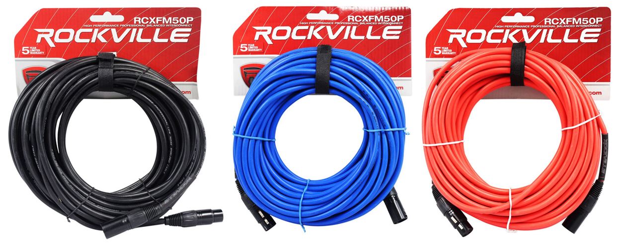 REAN XLR 50' Cables 3-Pack (Black/Blue/Red) Bundle