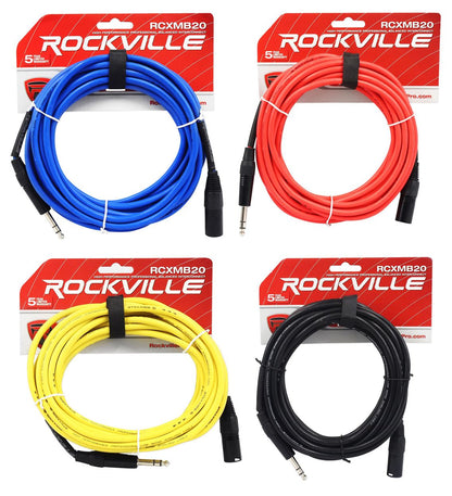 REAN XLR Male to 1/4" TRS 20' Cables 4-Pack (4 Colors) Bundle