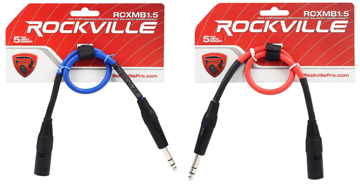 REAN XLR Male to 1/4" TRS 1.5' Cables (Red/Blue) Bundle