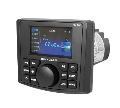 Rockville marine radio with digital display on a white background