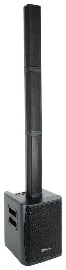 Rockville Column Array Black outdoor speaker with stand on a white background
